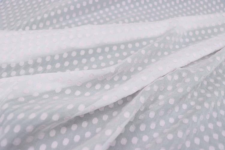 A close-up view of a fabric with a white polka dot pattern, featuring a crumpled texture.