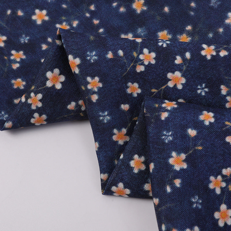 LANDIHHA - Vintage Style Dark Blue Digital Print 150GSM Viscose blend Linen Fabric - 140cm wide by the Yard