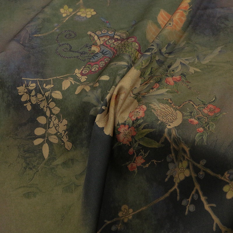 DIEXIMD - 28 Momme Peony Butterfly Print Double-Sided Satin Mud Silk Fabric - 108cm wide by the Yard