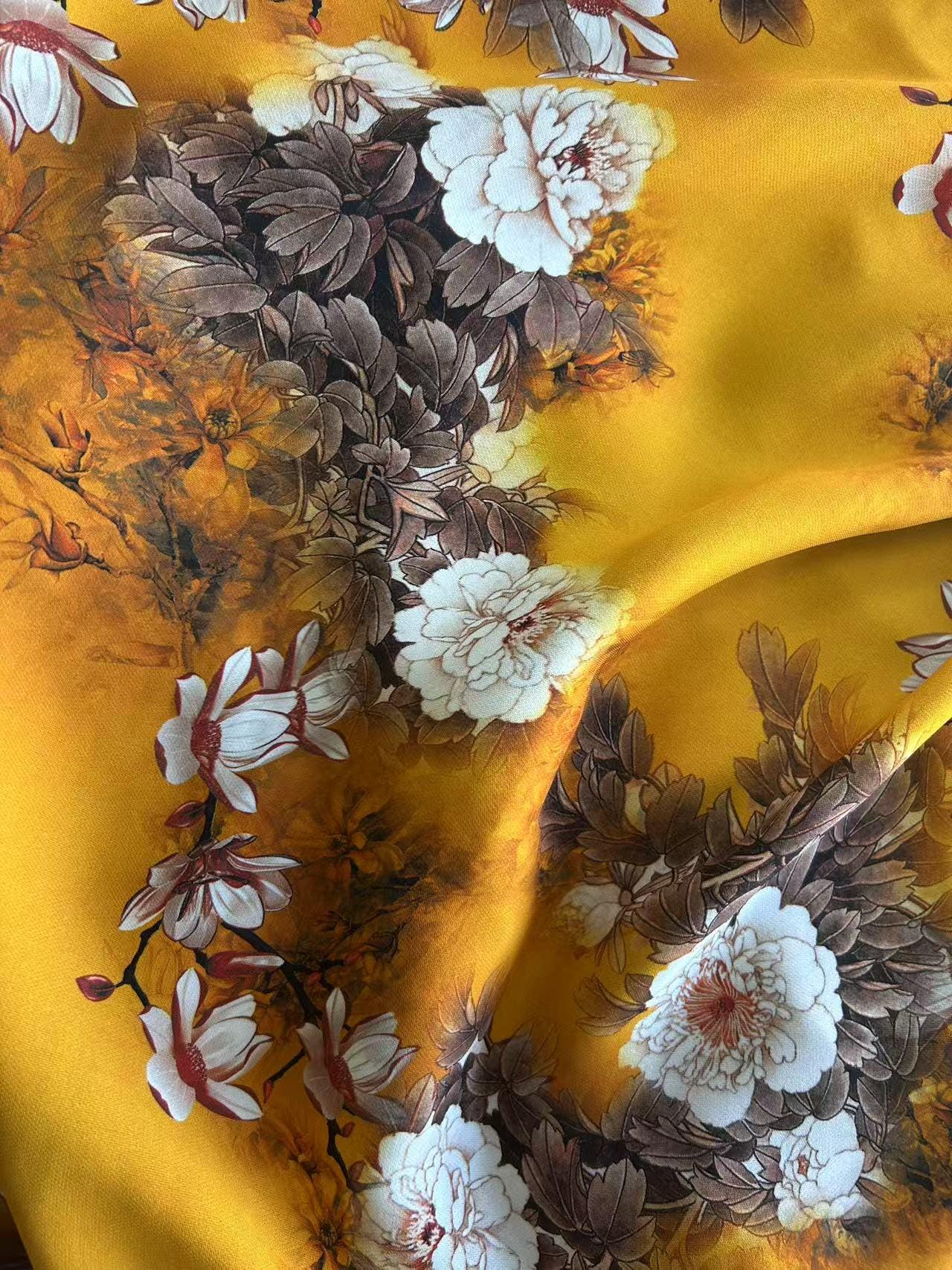 LHMUDSS - 38 Momme Both-sides-printing Peony Heave Georgette Silk Fabric - 138cm by the yard