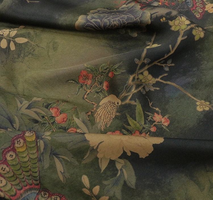 DIEXIMD - 28 Momme Peony Butterfly Print Double-Sided Satin Mud Silk Fabric - 108cm wide by the Yard