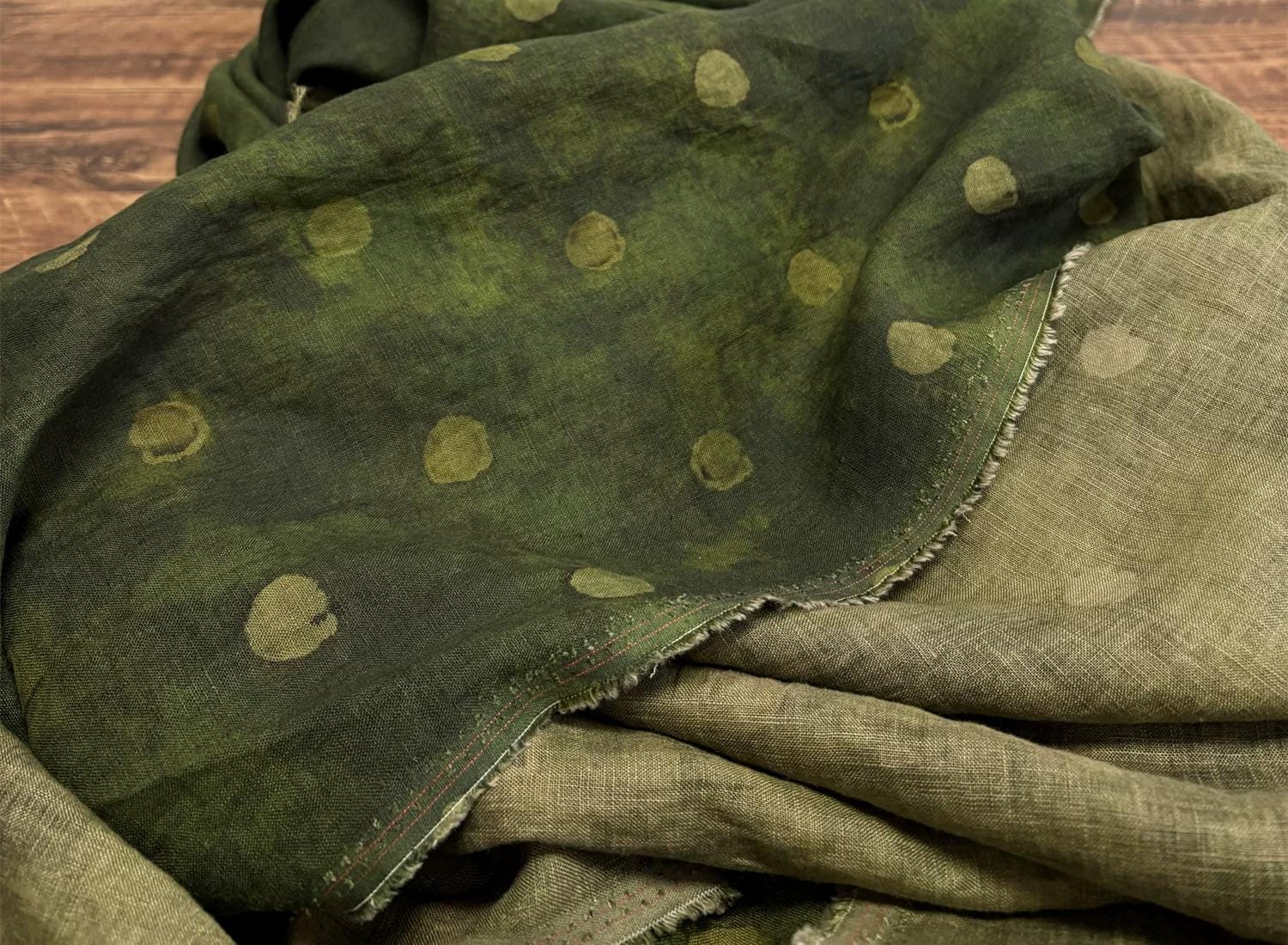 BJIUMO - 100% Linen, Vintage Green Yellow Digital Print, 200 gram 135cm wide by the Yard