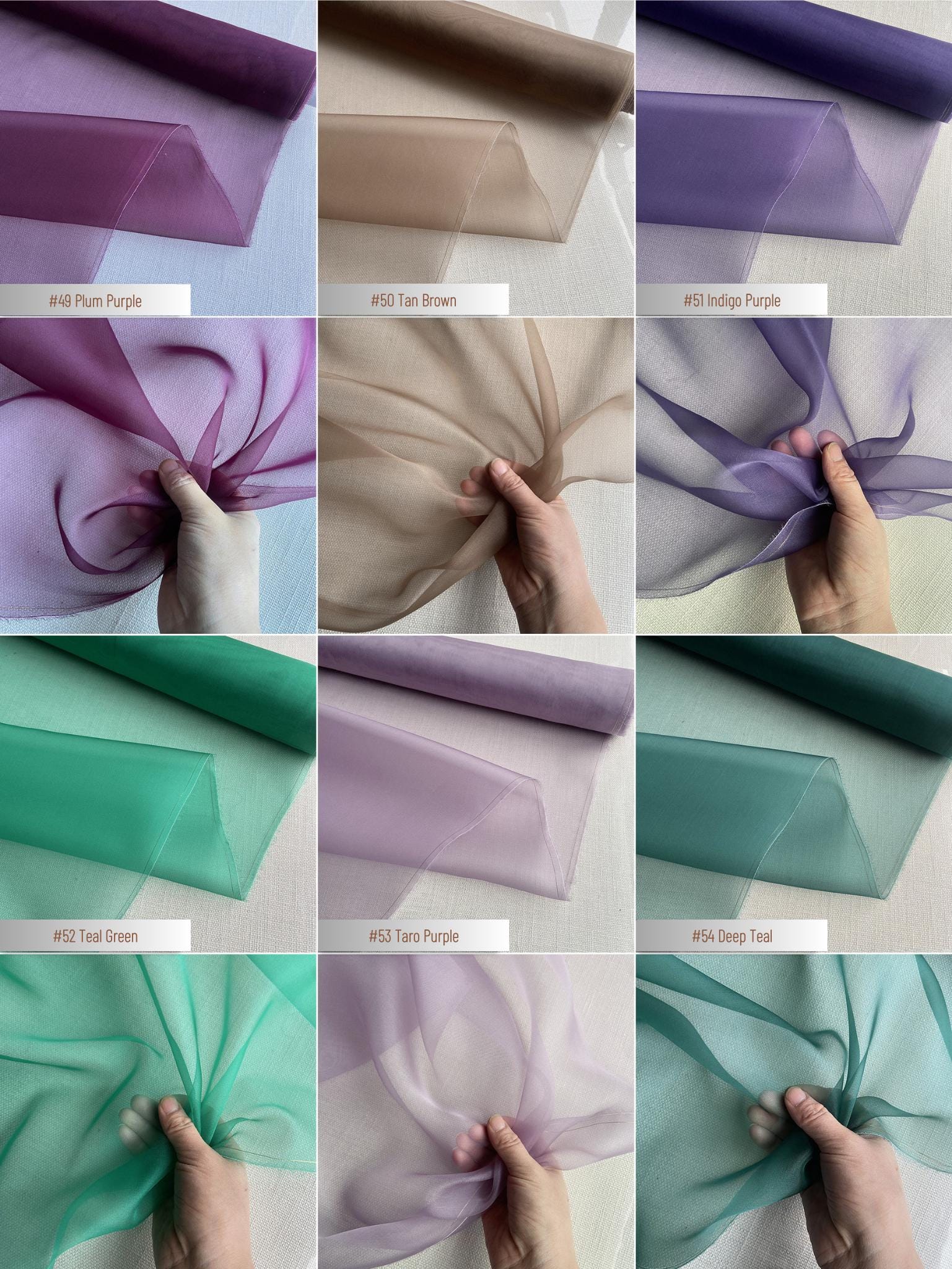 100% Silk Organza, 6 Momme 60 Solid Colors Silk Fabric, 140cm wide by the Yard or Meter