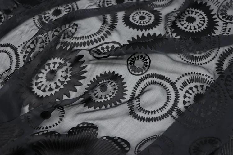 The image is a close-up of a fabric with a repeating pattern of black and white circular designs.