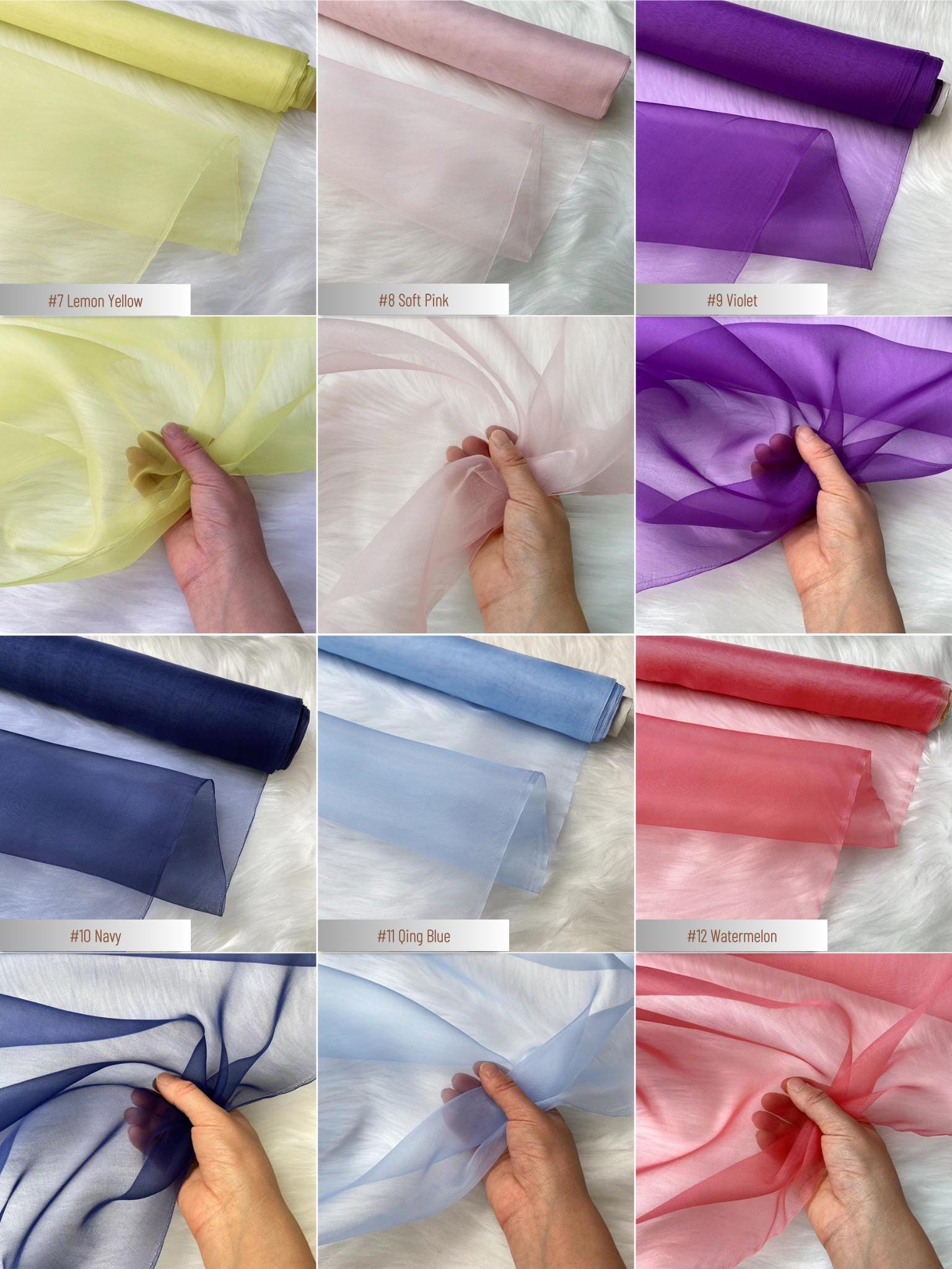 100% Silk Organza, 6 Momme 60 Solid Colors Silk Fabric, 140cm wide by the Yard or Meter