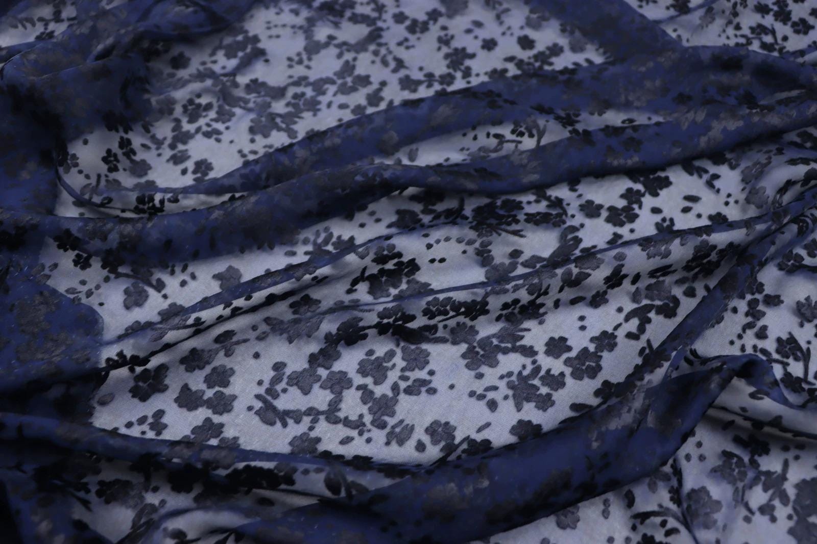 a close-up view of a fabric with a floral pattern in shades of blue and white. The fabric appears to be made of sheer material, with a dark blue color dominating the background.