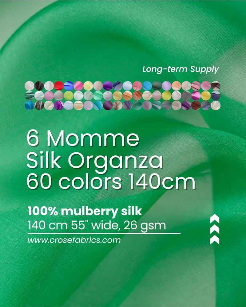 100% Silk Organza, 6 Momme 60 Solid Colors Silk Fabric, 140cm wide by the Yard or Meter