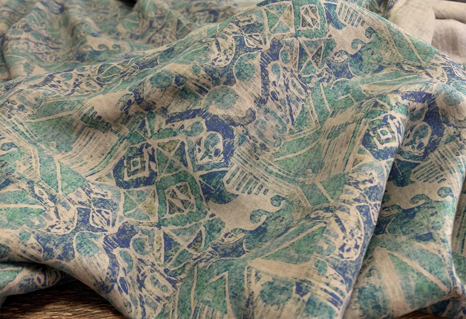 BJQLAN - 100% Linen, Vintage Blue Digital Print, 220 gram 135cm wide by the Yard
