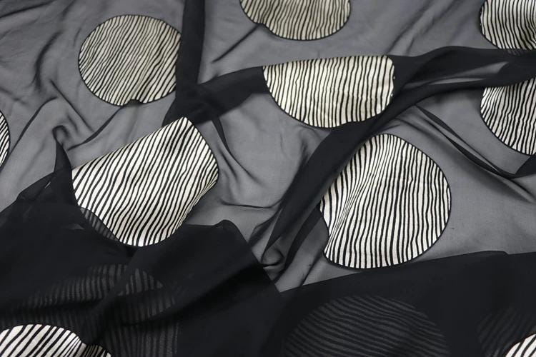 a close-up view of a fabric with a repeating pattern of black and white circles. The fabric appears to be a sheer material, with a black background and white circles with black stripes. The pattern is intricate and visually striking, creating a sense of depth and texture in the image.
