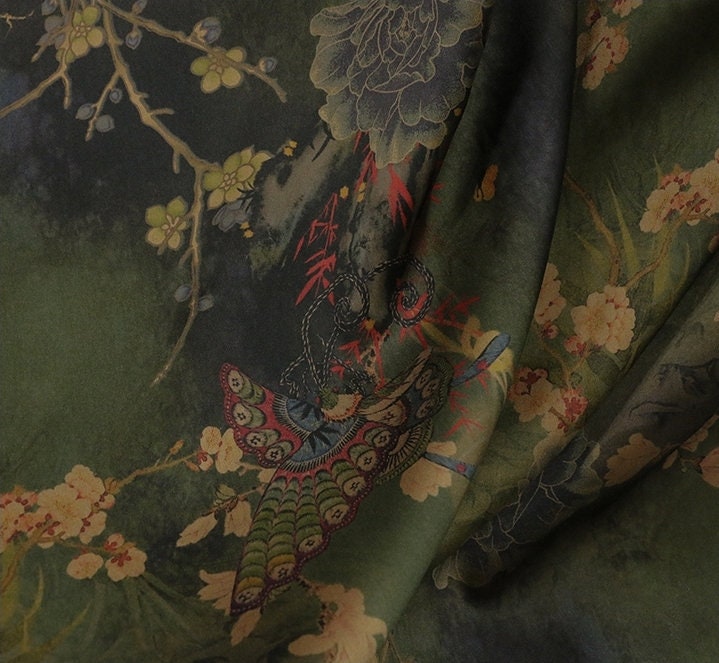 DIEXIMD - 28 Momme Peony Butterfly Print Double-Sided Satin Mud Silk Fabric - 108cm wide by the Yard