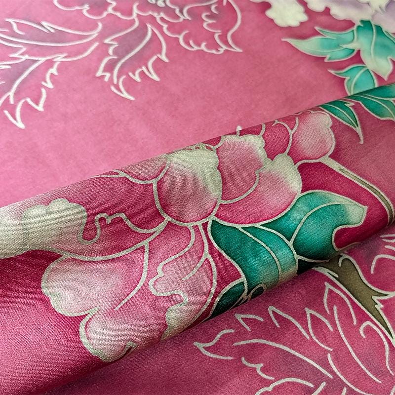 GYHDMD - Red Handmade 40 Momme Painted Peony Mud Silk Satin Fabric - 112cm By the Yard