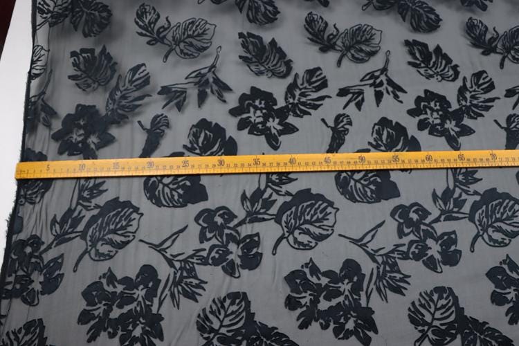 SHUYE - Black Leaves Print Sheer Burnout Silk Devore Satin Fabric - 140cm wide by the Yard
