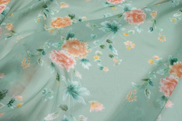 JFHLDH - 9 Momme Green-based Floral Print Silk Georgette Fabric - 137cm wide by the Yard