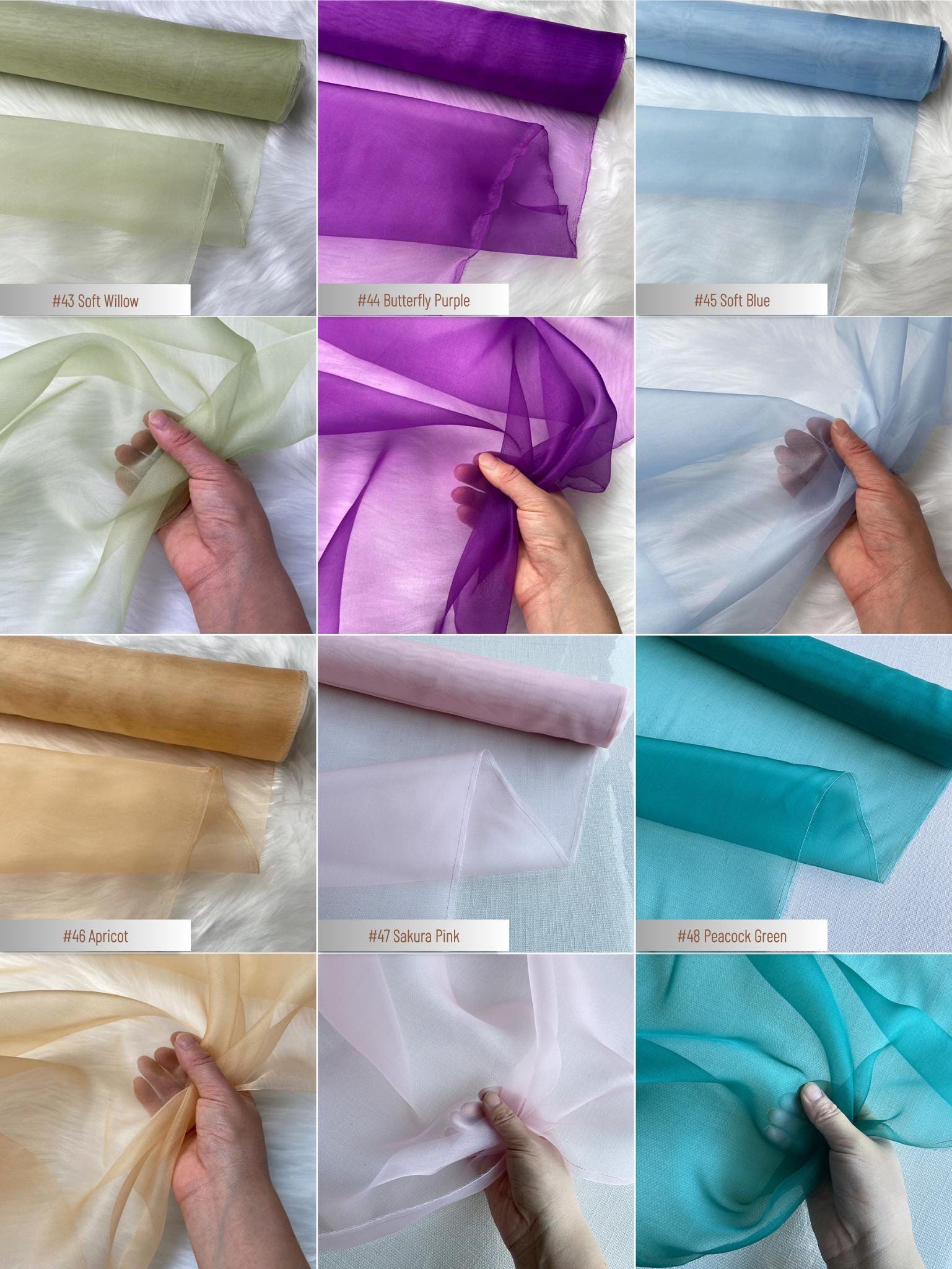 100% Silk Organza, 6 Momme 60 Solid Colors Silk Fabric, 140cm wide by the Yard or Meter