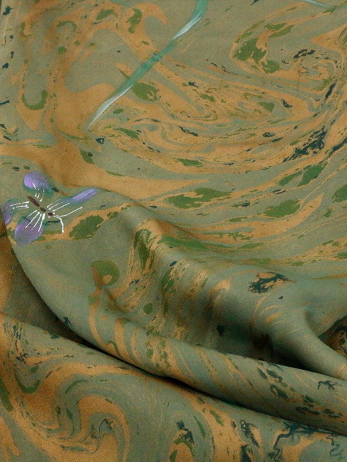 MOCILH - Handmade 38 Momme Hand Drawn Orchids Inkwell Technique Mud Silk Satin Fabric By the Yard
