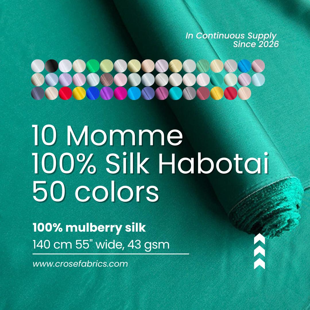 100% Silk Habotai, 10 Momme 50 Solid Colors Silk Fabric, 140cm wide by the Yard or Meter