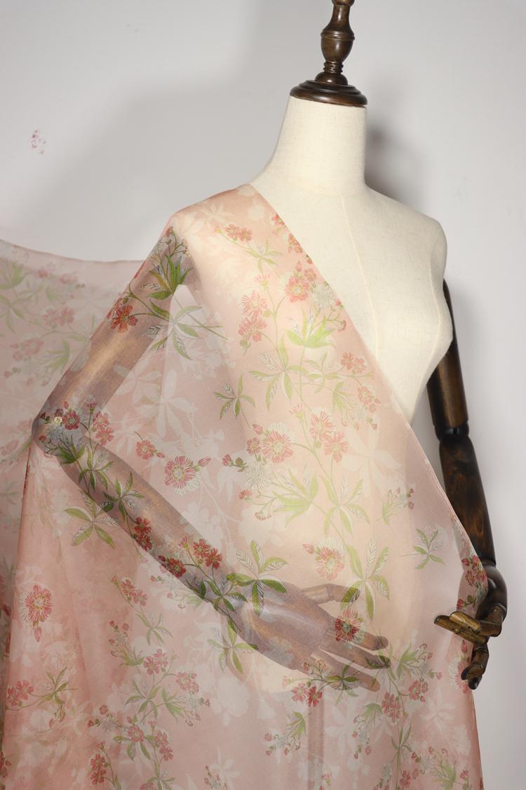 JFHOGT - 6 Momme Blue Silk Organza with Floral Print Silk Fabric - 137cm wide By the Yard