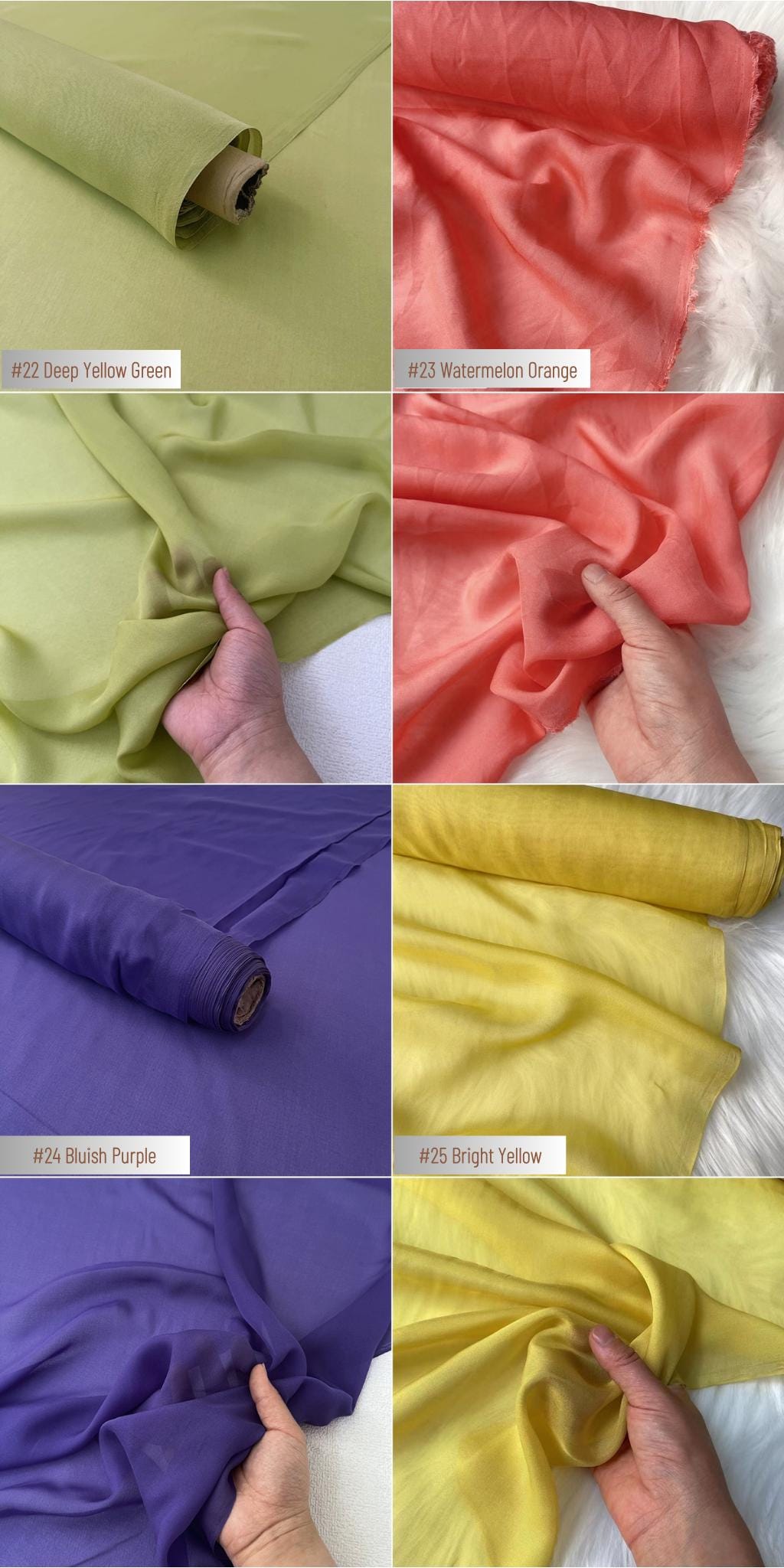 34 Solid Colors - 8 momme Silk Chiffon Fabric - 140cm wide by the Yard