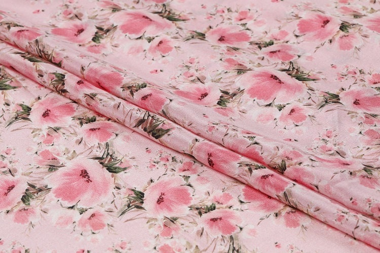 KFSYX - 8 Momme Pink floral print Silk Crepe de Chine Fabric - 138cm by the Yard