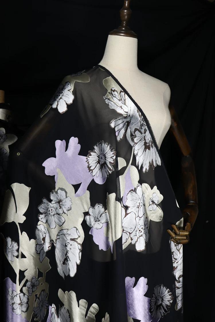 JFHHDHR - Silk Devore Satin Fabric,  16 Momme Black Burnout Big Floral , 130 cm Wide by the Yard