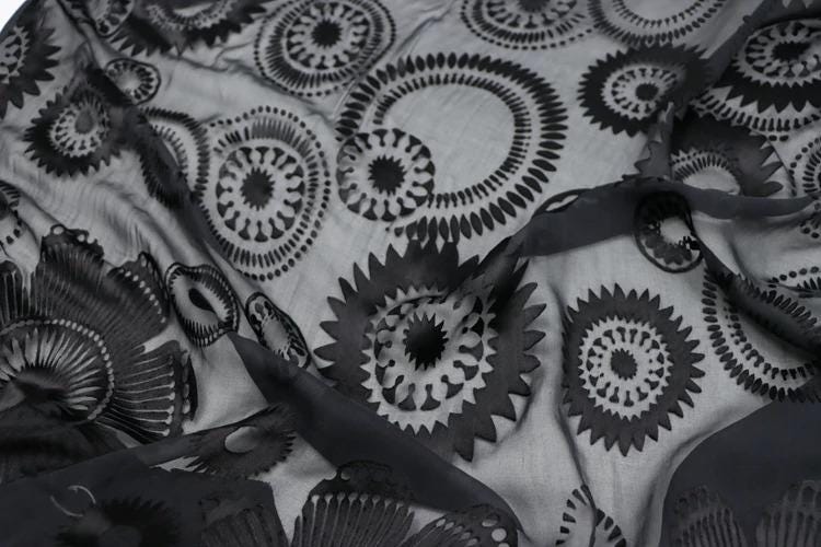 a close-up view of a black and white fabric with a repeating pattern of circular designs.