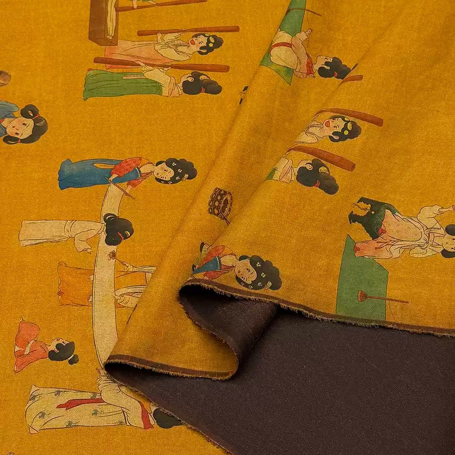 The image is a close-up of a fabric with a repeating pattern of cartoon-style illustrations of people in various poses and settings. The fabric appears to be a yellow or orange color, and the illustrations are arranged in a collage-like manner, creating a visually engaging and dynamic design.
