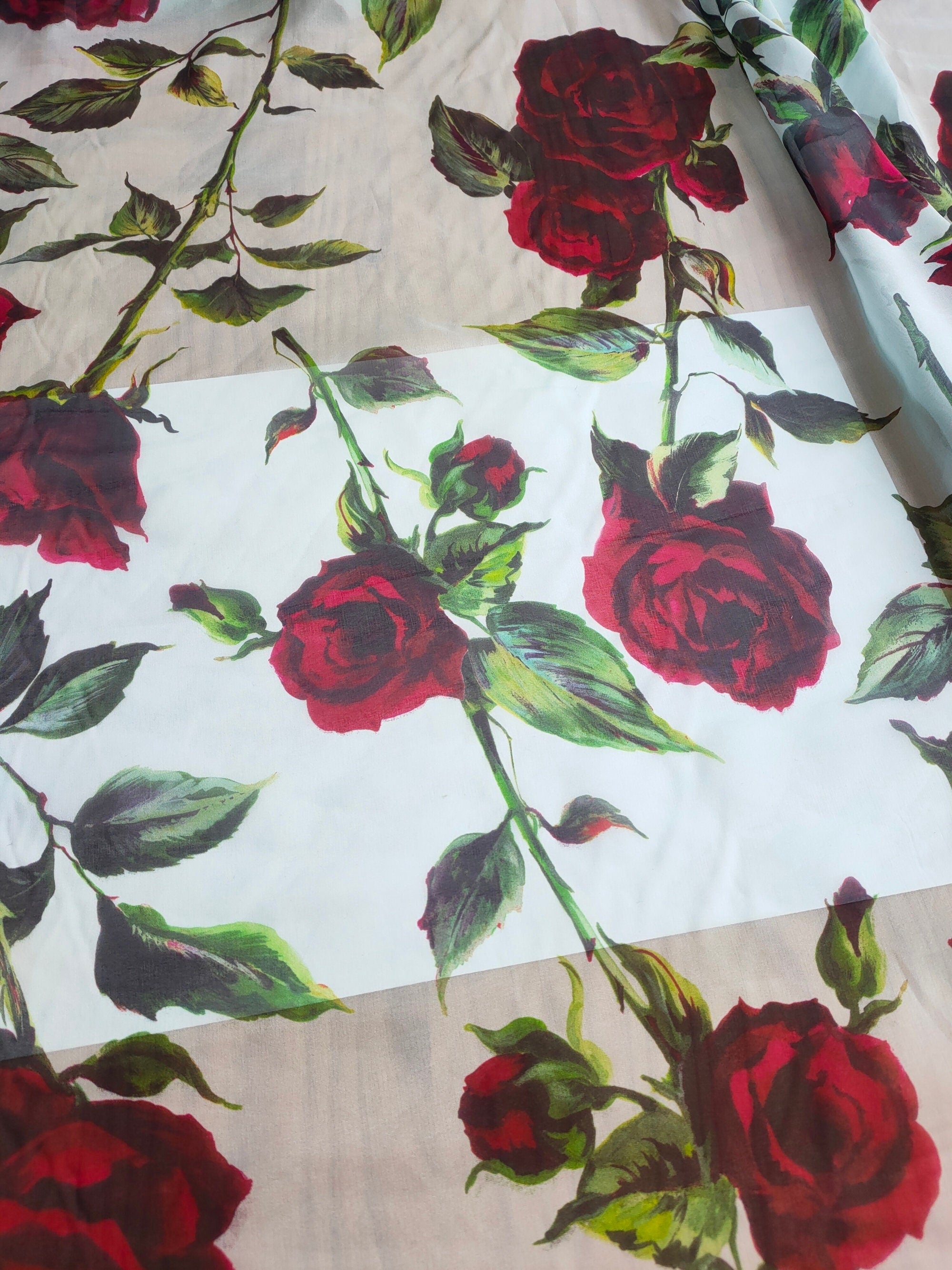 HONGMG - 10 Momme Red Rose on Light Blue Silk Chiffon Fabric - 130cm wide by the Yard