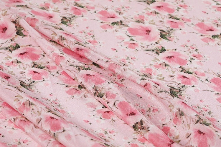 KFSYX - 8 Momme Pink floral print Silk Crepe de Chine Fabric - 138cm by the Yard