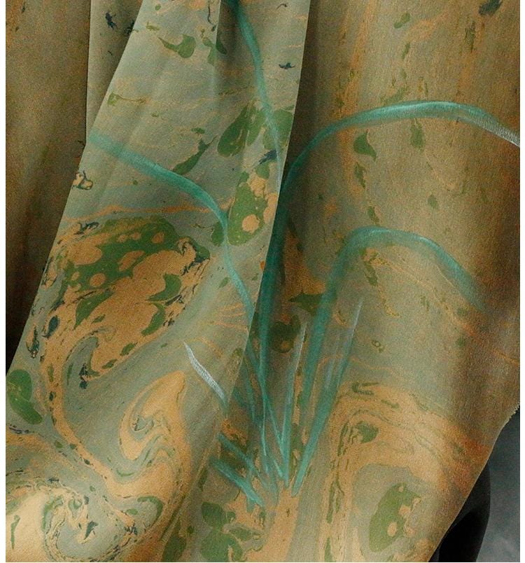 MOCILH - Handmade 38 Momme Hand Drawn Orchids Inkwell Technique Mud Silk Satin Fabric By the Yard