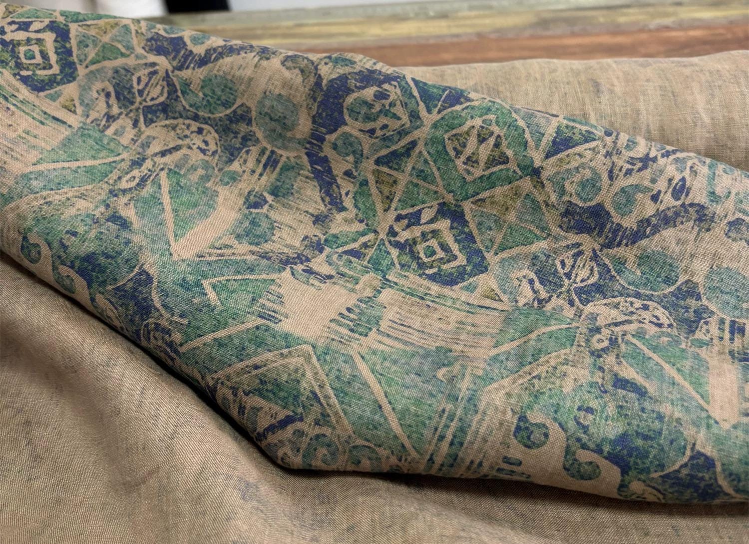 BJQLAN - 100% Linen, Vintage Blue Digital Print, 220 gram 135cm wide by the Yard