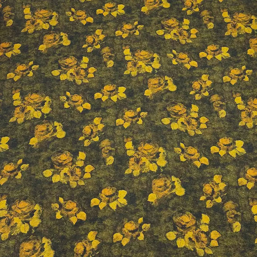 a repeating pattern of yellow flowers against a dark green background.