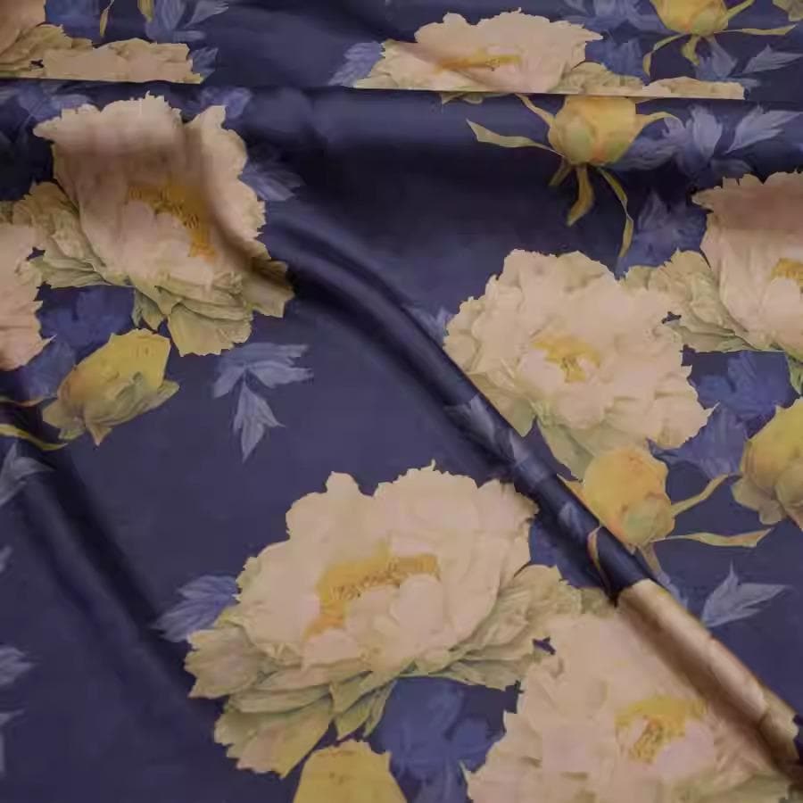 XLSSDMDH - PIZI mud silk satin fabric, 60 Momme digital print peony, 120cm wide by the Yard