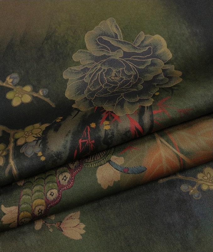 DIEXIMD - 28 Momme Peony Butterfly Print Double-Sided Satin Mud Silk Fabric - 108cm wide by the Yard