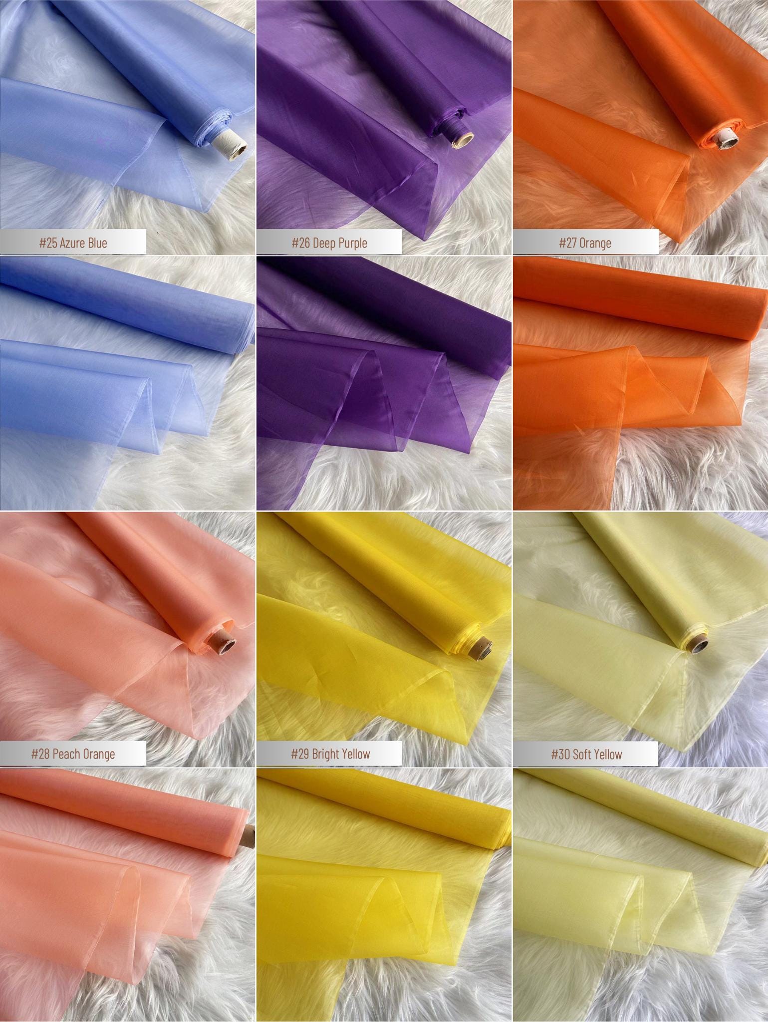100% Silk Organza, 8 Momme 60 Solid Colors Silk Fabric, 140cm wide by the Yard or Meter