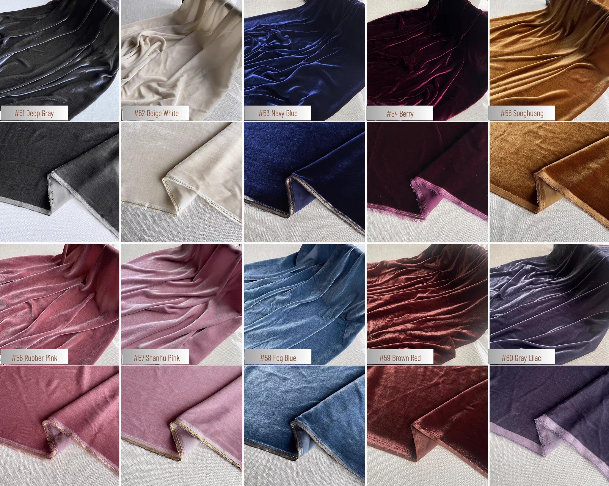 CHUNSE - Silk Velvet Fabric, 60 Solid Colors 40 Momme 140cm wide by the Yard