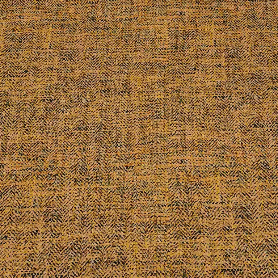 a close-up view of a textured fabric with a herringbone pattern, featuring a warm, earthy color palette of brown and orange tones.
