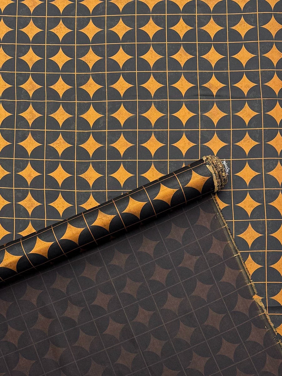 a black and gold geometric pattern with a repeating diamond shape design.