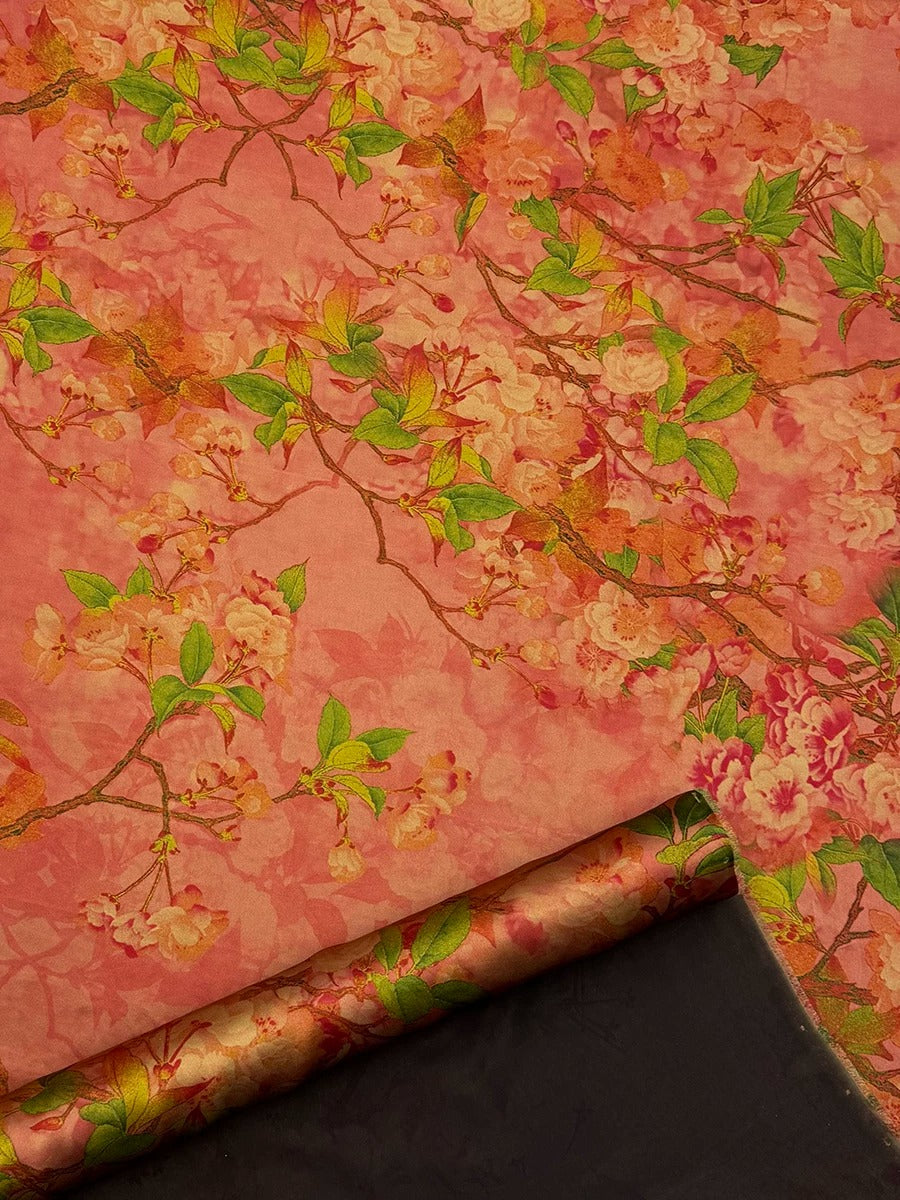 a vibrant floral pattern with pink and green hues, creating a visually striking and colorful design.