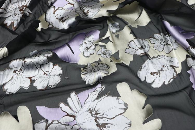 JFHHDHR - Silk Devore Satin Fabric,  16 Momme Black Burnout Big Floral , 130 cm Wide by the Yard