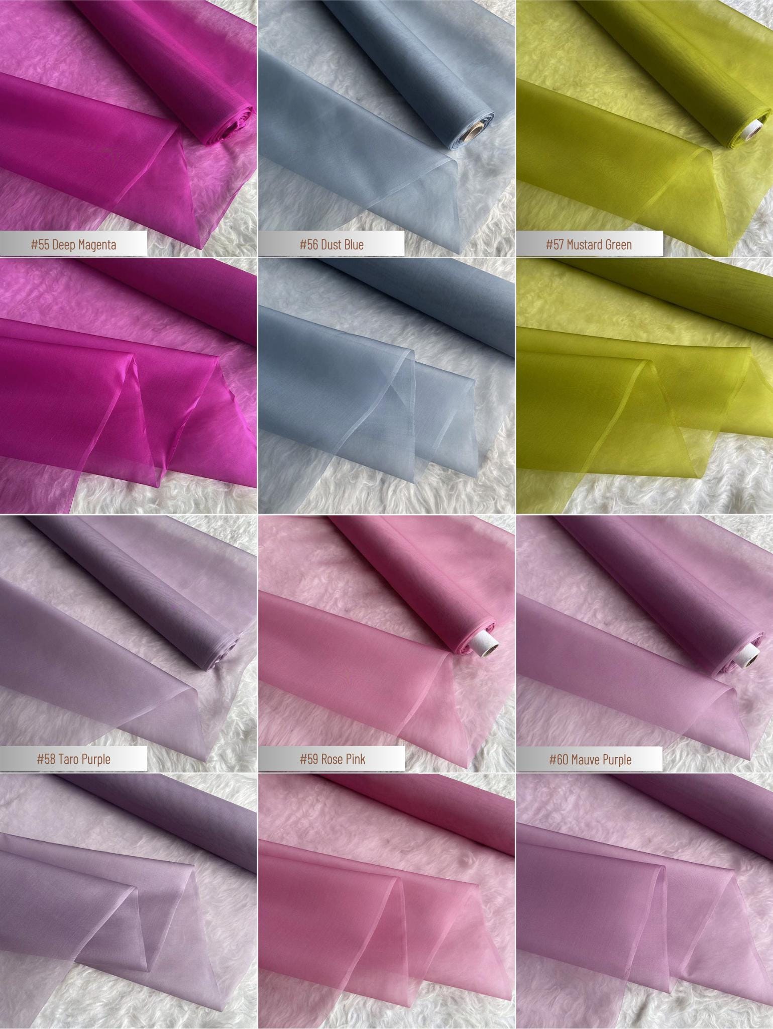 100% Silk Organza, 8 Momme 60 Solid Colors Silk Fabric, 140cm wide by the Yard or Meter