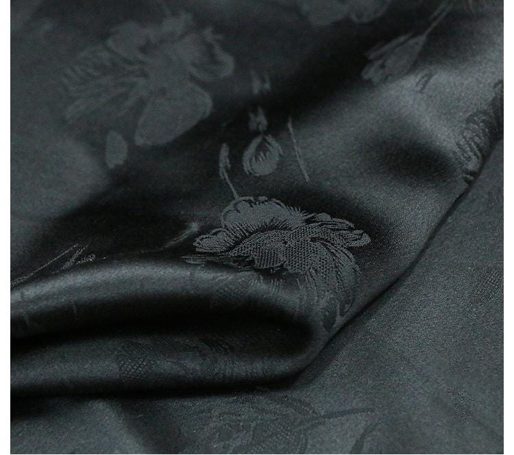 YUJIXA- Handmade 19 Momme Black Tulip Jacquard Silk Brocade Mulberry Silk Fabric - 135cm wide by the Yard