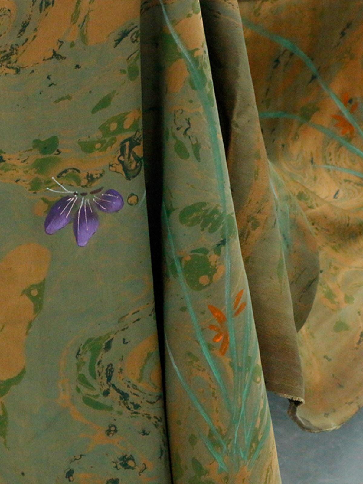 MOCILH - Handmade 38 Momme Hand Drawn Orchids Inkwell Technique Mud Silk Satin Fabric By the Yard