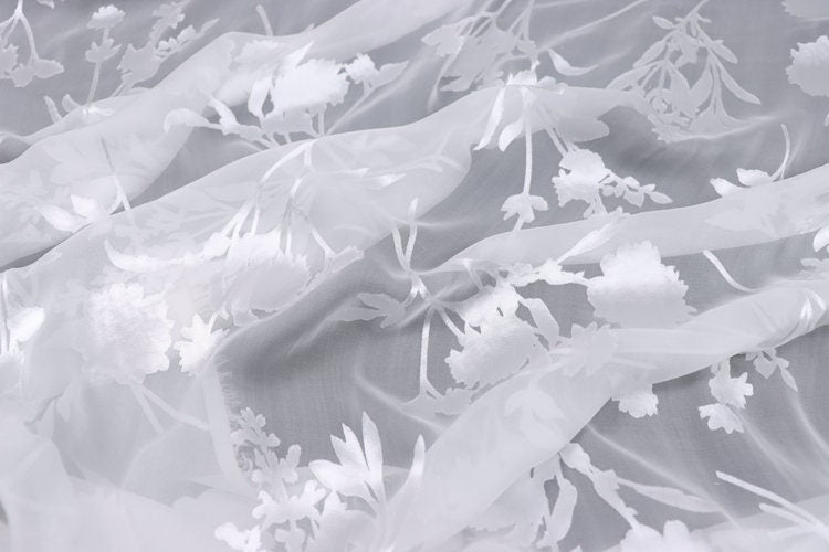 XLUZHI - 10 Momme White Flowers Sheer Burnout Silk Devore Satin Fabric - 140cm wide by the Yard