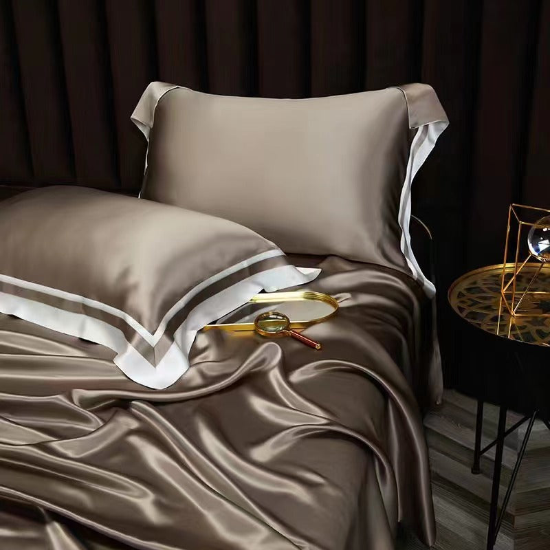 DARK GOLD - 25 Momme Flying Edge Purfle Silk Bedding Set 4pcs