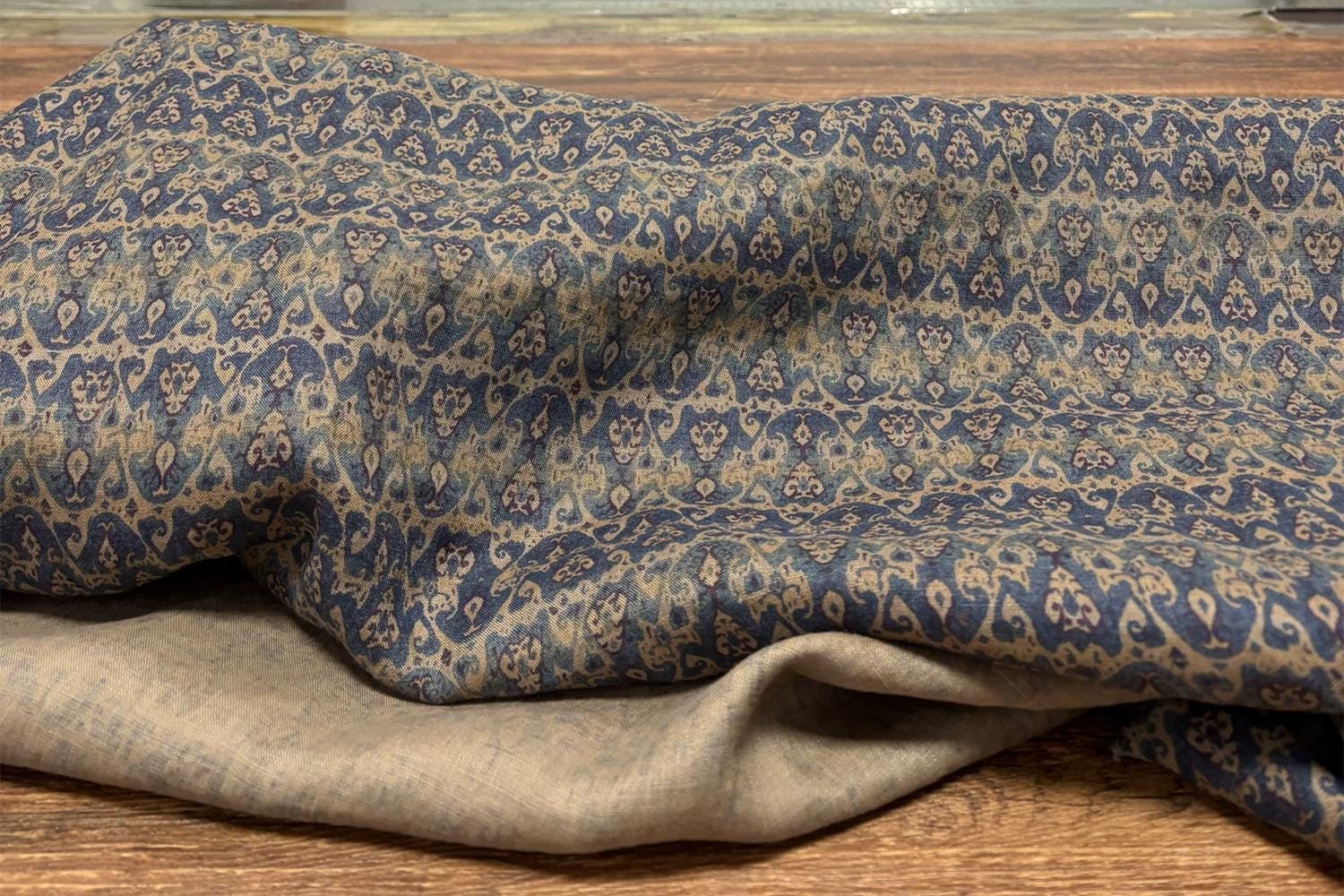 BJZHI - 100% Linen, Vintage Blue Digital Print, 220 gram 140cm wide by the Yard
