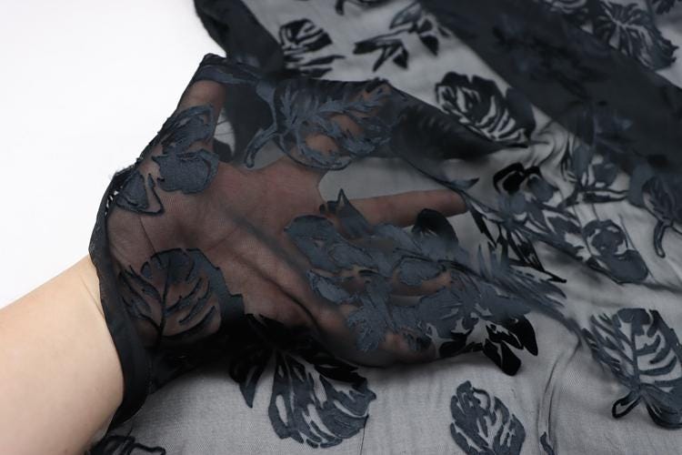 SHUYE - Black Leaves Print Sheer Burnout Silk Devore Satin Fabric - 140cm wide by the Yard