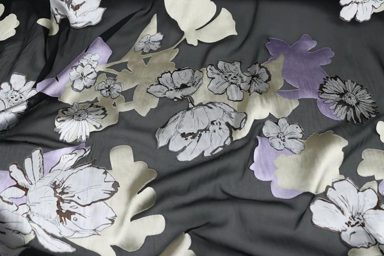JFHHDHR - Silk Devore Satin Fabric,  16 Momme Black Burnout Big Floral , 130 cm Wide by the Yard