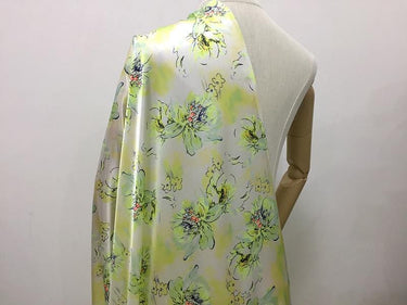 SZDSMH- 14 Momme Fluorescent Green Ink Floral Print Stretch  Charmeuse Silk Satin Fabric - 114cm wide by the Yard