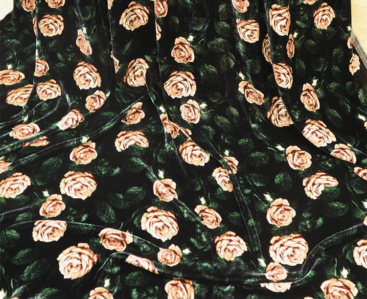 ZSRMJR - 55 Momme Dark Green Background with Flesh-toned Rose Pattern Printed Mulberry Silk Velvet Fabric -  140cm wide by the Yard