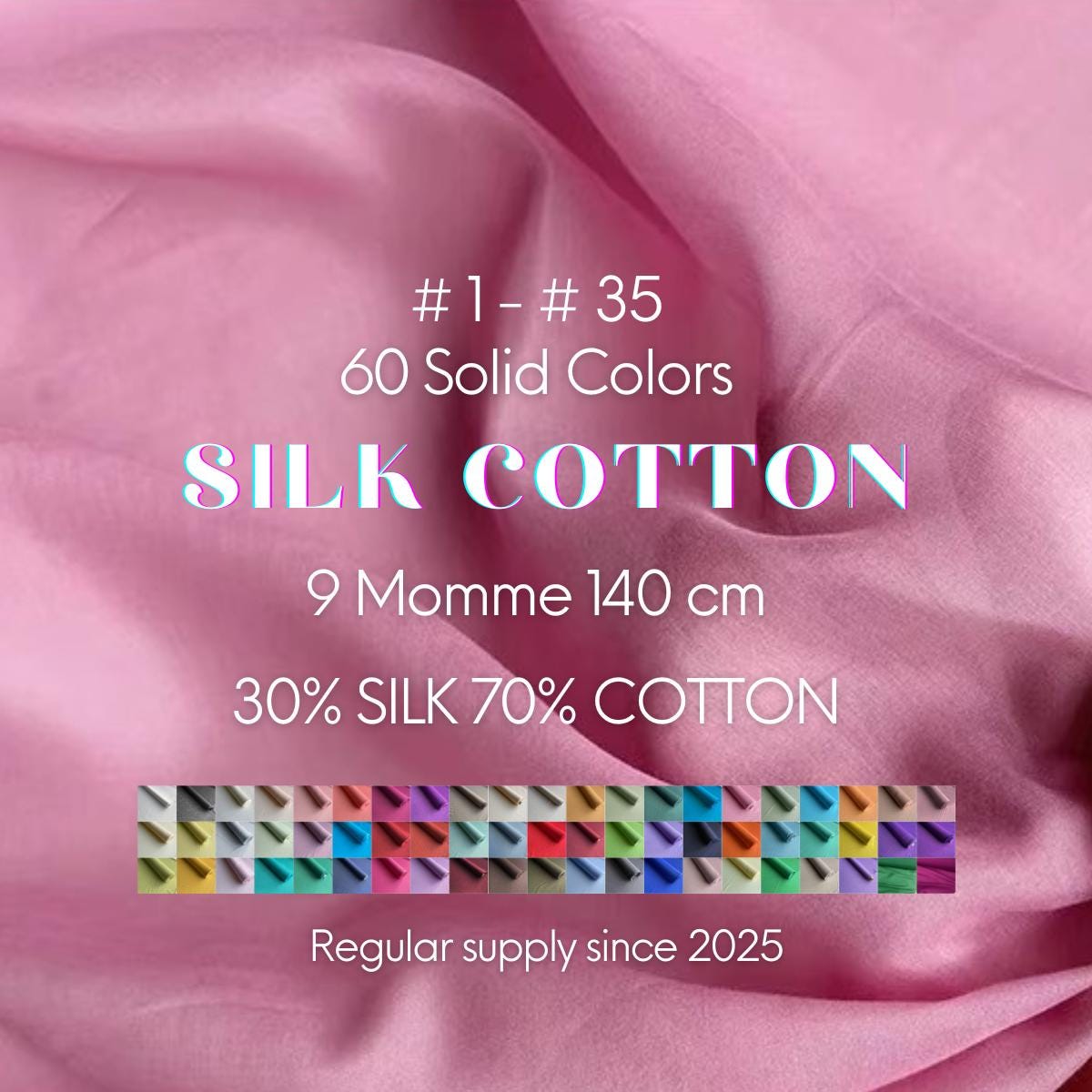 60C9MSCTN - Color #1-#35 - 9 momme 60 Solid Colors Silk Cotton Fabric - 140cm wide by the Yard